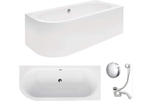 VBChome bañera 160x75 cm acrílico SET delantal bañera sifón bañera esquinera diseño blanco desagüe moderno en cromo simplex para 2 personas a la derecha