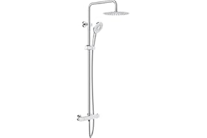 Rainsworth Colonne de Douche Thermostatique, Acier inoxydable tête de douche 250mm, pommeau de douche avec filtre de 3 Jets, Douche à Pluie Réglable en Hauteur, Douche Set avec Mitigeur, Chromé