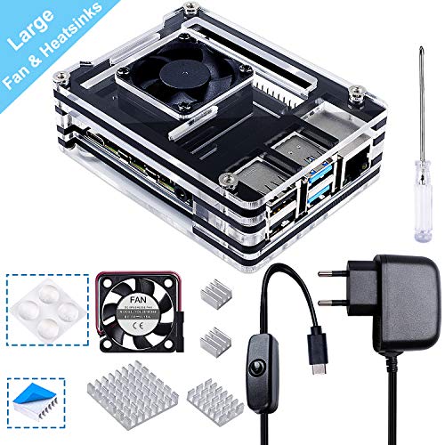 Smraza Case para Raspberry Pi 4 con Alimentación USB-C de 5V 3A, Raspberry Pi Case con 35mm Ventilador y Disipadores Térmicos de 4PCS para Raspberry Pi 4 Modelo B (Solo para Pi 4)(Negro y Claro)