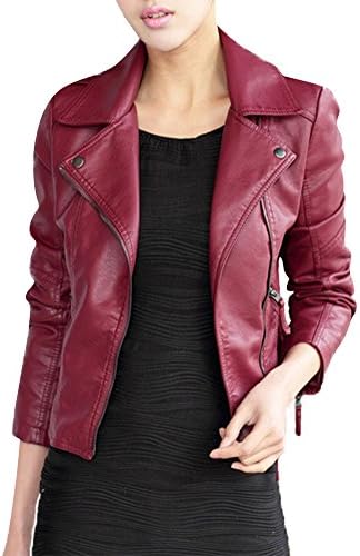 DOOXIYOUNG Women's Zipper Motorcycle Biker Faux Leather Jackets (L, burgundy)