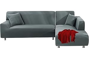 FIGOOO Sofabezug Ecksofa L Form Links Rechts Stretch Sofa Überwürfe 2er mit 2 Stück Kissenbezug Abnehmbarer Universal Elastische Couchbezug Sofahusse L Shaped (2 Sitzer+3 Sitzer,Hellgrau)