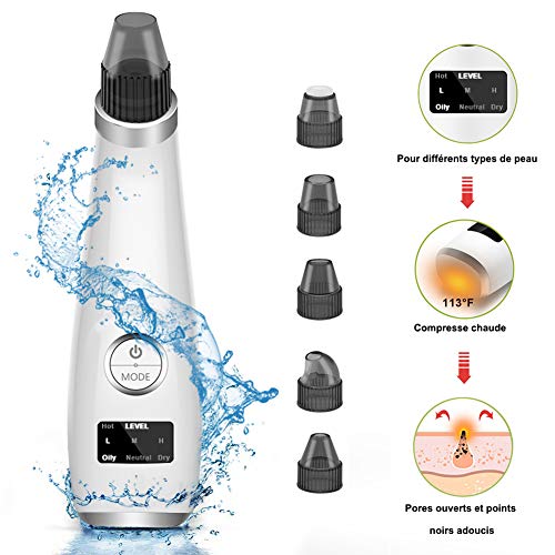 Aspirateur Points Noirs, HSDOHGY Extracteur de Points Noirs Effet de Chaleur, Appareil de Beauté du Visage Avec écran LED, 5 Sondes et 3 Modes Noirs, Blanc