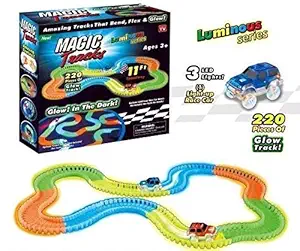 CLASTIK 11 feet Long Magic Tracks Flexible Bendable Dark Glow Assembling Racetrack Set with LED Flashing Race Cars Gift for Boys Girls Kids Birthday