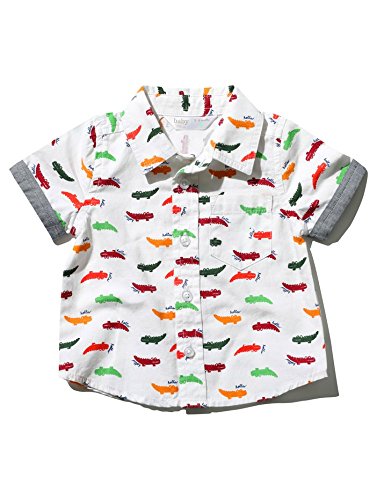 M&Co Baby Boy Short Sleeve Multi Colour Crocodile Print Chambray Trim Button Down Summer Shirt White 2/3 Yr
