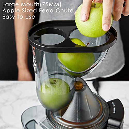 Aicok Extracteur de Jus de Fruits et Légumes à Mastication Lente, Slow Juicer à 75mm Large Bouche Avec Cruche de Jus, Brosse et Moteur Silencieux, Nettoyage à un Bouton Fonction