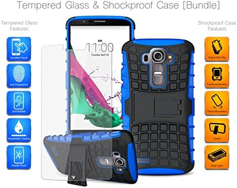 MobiBax Ultimate Bundle for LG G4 H815 / H818 - Tempered Glass Screen Protector and Strong Durable Heavy Duty Shockproof Armour Stand Case Grip Cover in BLUE