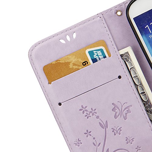 Galaxy S4 Hülle,Galaxy S4 Lederhülle,Galaxy S4 Leder Wallet Tasche Brieftasche Schutzhülle,ikasus® Malerei Schmetterling Muster PU Lederhülle Flip Hülle im Bookstyle Cover Schale Stand Ständer Etui Karten Slot Schutzhülle Grau Tasche Wallet Case für Samsung Galaxy S4 i9500 – Helles Lila - 6