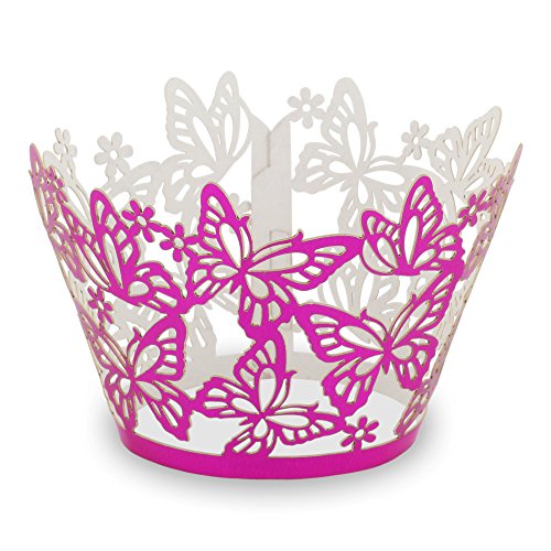 Elfenstall Cupcake / Muffin Papierförmchen - Zierumrandung - Dekorand " Schmetterlinge / Butterfly " 12 Stück für Hochzeiten Partys oder Feste (metallic pink)