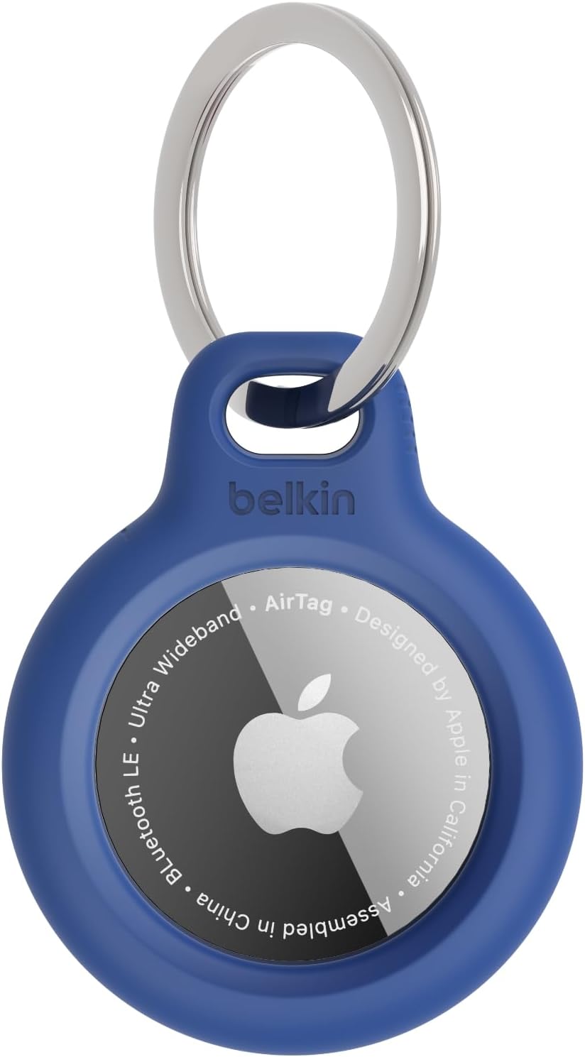 Belkin Llavero AirTag, Funda AirTag Resistente a los Arañazos con Frontal Abierto, Bordes Elevados, Cobertura, Cubierta, Localizador de Llaves, Mascotas, Maletas, Equipaje, Mochila y Otros, Azul