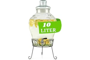 Monster24 10 Liter Getränkespender mit tropfsicherem Zapfhahn aus Edelstahl – Wasserspender, Bowle-Gefäß aus Glas mit stabilem Metallständer und Glasdeckel – BPA-freier Limonadenspender