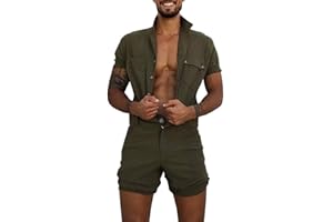 HUATENG Hombres Ocio Manga Corta Botón Collar de Pie Mono Pantalones Ropa de Trabajo Pantalones Cortos, Una Pieza