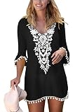 Aleumdr Copricostume da Bagno Donna in Pizzo Bikini Cover Up con Pompon Beach Dress, Nero