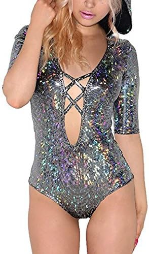 Onlyoustyle Hooded Half Sleeve Jumpsuit Playsuits T-Shirt Womens Summer Sexy Deep V Neck Lace Up Criss Cross Shiny Bodysuit Romper Jumpsuits