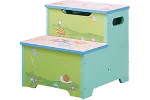 WODENY Children's Step Stools Wooden | Kids Step Stool with Storage | Double Step Stools for Toddlers Nursery Boys Girls Toilet Training Kitchen Helper Non-Slip Portable & Lightweight (Pink Cyan)
