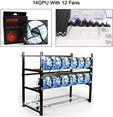 Fojusteu Aluminum 14 GPU Mining Rig Case With 12 PCS 120mm Case Fan, Stackable Open Air Frame Miner Case For ETH/ETC/ZCash/Cryptocurrency(Blue LED Fans,Black)