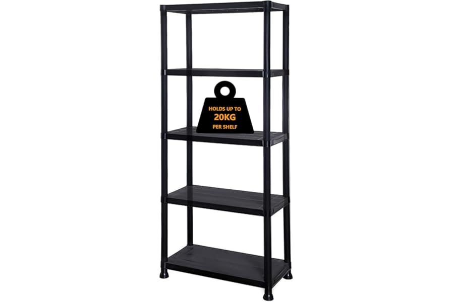 Crystals Shelving Unit for Storage - Plastic Storage Shelves Free Standing - Shed Shelving & Racking Systems - Black Heavy Duty Racking for Garage & Storage (5 Tier)