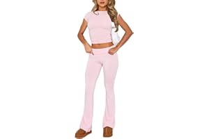 WangsCanis Women 2 Piece Lounge Sets Matching Sets Short Sleeve Cropped Top Fold Over Flare Pants Yoga Tracksuit