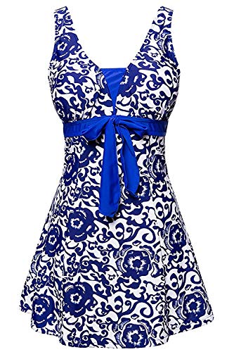 AMAGGIGO Costume da Bagno da Donna, con Allacciatura al Collo, Push up, Costume da Bagno colorato, con Gonnellino Blu Zaffiro 48/50 EU