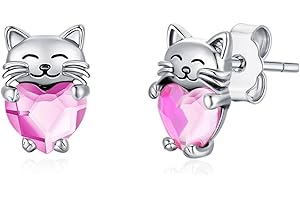 CHENGHONG Pendientes de gato de plata 925 con piedra natal para niñas y gatos, joyas de cristal, regalos para niños, mujeres, mujeres, etc, Plata