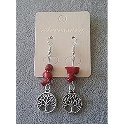 PENDIENTES DE PIEDRA JASPE ROJO CON AMULETO ÁRBOL DE LA VIDA ¡¡ENVÍO GRATIS!!