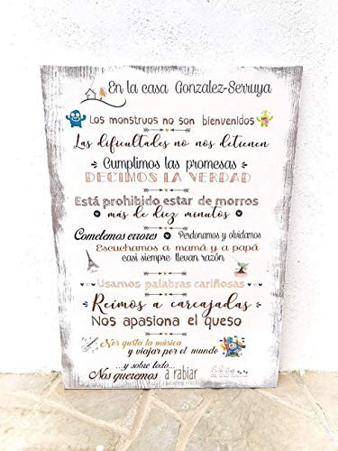 Cuadros en madera. Normas. En ésta casa. Hecho a mano. Handmade. Cartel vintage de madera (Tono chocolate y naranja)