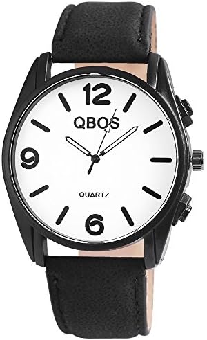 QBOS Men's Analog Watch with Quartz Movement RP3117200006 Black Aluminium Case with Faux Leather Strap Buckle Dial White Band Total Bracelet Length 23 cm Width 24 mm