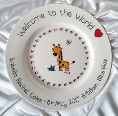 Bone China Giraffe New Baby Girl Plate - Sparkly Gemstone Baby Plate - Giraffe Baby Keepsake