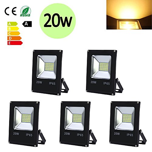 Hengda® 5 Stück 20W SMD LED Strahler Fluter IP65 Außen Flutlicht Leuchtmittel Baustrahler Scheinwerfer warmweiss Wandstrahler