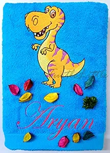 TurtleLittle, Cotton, Dinosaur Personalised Kids Bath Towel, 500 GSM (Set of 1, Blue)