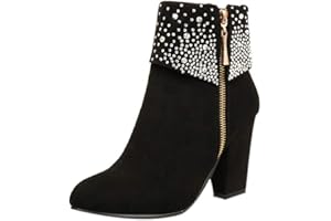 SUSENSTONE Bottes Cuissardes Femme Chaud éPais Hiver Ankle Chaussures CompenséEs En Daim TêTe Ronde Strass Bottes à Talons Talon éPais Sexy Zippé Boots
