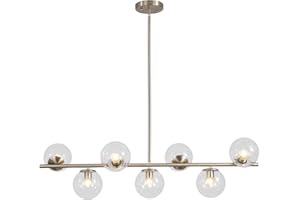 KCO Lighting Lampadario moderno per interni in metallo nichel spazzolato a 7 luci, lampada a sospensione in vetro trasparente argento nordico, lampadario minimalista regolabile per isola cucina
