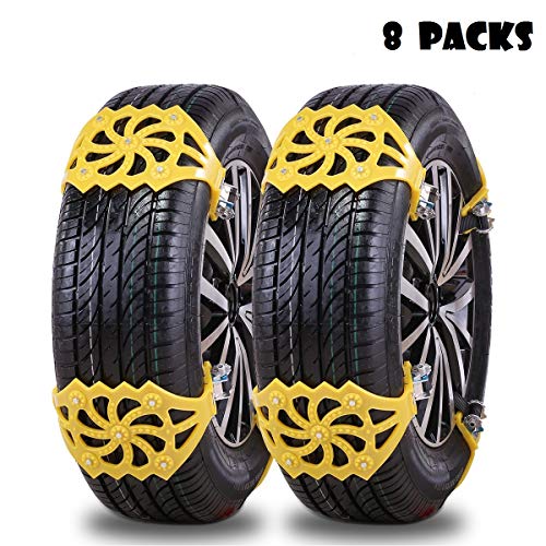 Qomolo Catene da Neve Auto 8pcs Fasce per Neve Catena Antiscivolo per Auto Camion SUV con Guanti e Attrezzo di Montaggio Misura Larghezza Pneumatici 165 mm-275 mm Giallo
