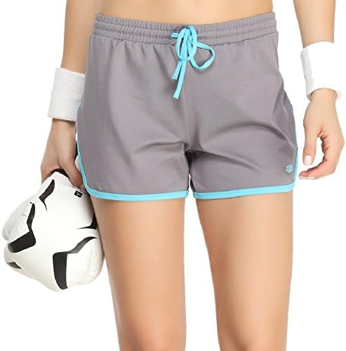 Yvette Women's Sports Shorts - Anti-bacterial Breathable Running Short #8027, Grey/Turquoise, L