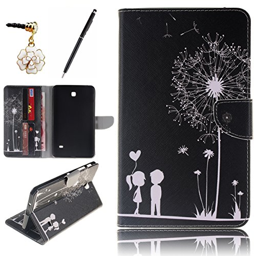 HB-Int 3 in 1 PU Leder Hülle für Samsung Galaxy Tab 4 SM-T230 T231 T235 7.0" Brieftasche Etui Schwarz Stand Funktion Flip Wallet Case Kartenfächer Book Style Cover Romantische Pusteblume Multifunction Modicsh Holder Tablet Schutzhülle Magnetverschluss Dünn Slim Bumper Zubehör mit Stylus Pen und Staub Stecker