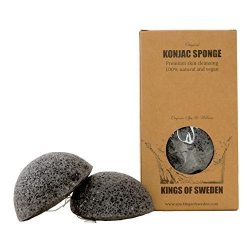 Konjac Sponge Bamboo Charcoal (Economical pack of 2) from Kings of Sweden - Facial cleansing sponges for oily skin types - 100% natural, vegan, sustainable and fully biodegradable!