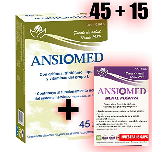 Bioserum - Ansiomed 45 Cápsulas + Muestra Ansiomed Mente Positiva 15 Cápsulas (45 + 15 Cáps.) Triptofano, Grifonia, Lupulo, Magnesio, Silicio, Azafrán, Rhodiola, Vitamina B6, B1, B9, B12