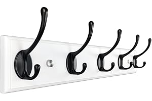 lomejii Perchero de pared madera blanco con 5 ganchos negros, 44 cm, fuerte perchero para abrigos de invierno, sombreros, llaves, gran barra de gancho moderna para entrada de pasillo, dormitorio