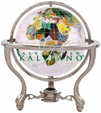 KALIFANO 4 Gemstone Globe w/ Opal Opalite Ocean and Antique Silver Commander 3-Leg Table Stand