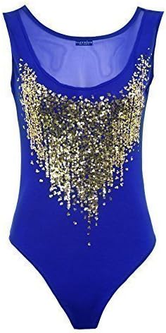Ladies Sheer Gold Sequin Mesh Insert Low Back Leotard Womens Bodysuit Top [Blue,16]