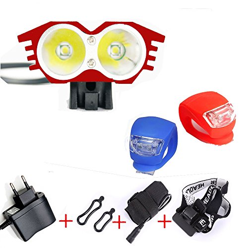 LED Luz Blanco Camping,Linterna LáMPARA para bicicletas bici CREE XM-L U2 - Luz LED frontal para manillar de bicicleta (2 focos, 5000 Lumens, 4 modos) con 2 x Luz Luces Lámpara Trasera para Bici Bicicleta (rojo)