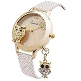 Armbanduhr Frauen Damen Mädchen Weiße Leder Band SIBOSUN Gold Eule Anhänger Kristall Quarzwerk