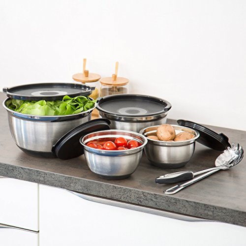 Relaxdays Schüssel Set BOWLY mit Deckel 4er Set D 15,5/17,5/21/25,5 cm Rührschüssel aus Edelstahl oder Salatschüssel als Vorratsbehälter mit Aromaschutzdeckel und Antirutsch Boden, silber-schwarz - 2