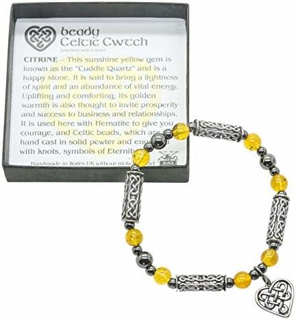 Stretchy Celtic beaded bracelet with Cwtch heart charm and real Citrine gembeads
