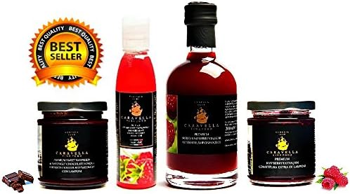 Italian Gourmet RASPBERRY: Dark Chocolate &amp; Sweet Raspberries Spread 215 gr + Sweet RASPBERRY BALSAMIC GLAZE 150 ml + SWEET RASPBERRY Fruit Pulp VINEGAR 200 ml + Sweet RASPBERRY Extra Jam 215 gr + Caravella Elegance Gift Bag for FREE, Gourmet Fine Food directly from Venice