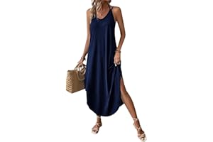 Chicrise Robe D'été Femme Longue Maxi Robe sans Manches Col V Robe De Plage Décontracté