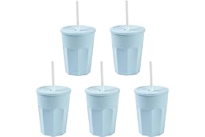 Engelland - 5 x Plastic Cups with Lids, Light Blue, Drinking Cups with Straw, Party Cups, Plastic Drinking Glasses, Reusable, 0.25 Litres