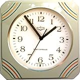 Artline Küchenuhr viereckig abgerundet mit Stufen an den Ecken Grün-Orange-gelbe Streifen handgemalt UTS Funkuhr mit Chromfarbigem Glasdeckel