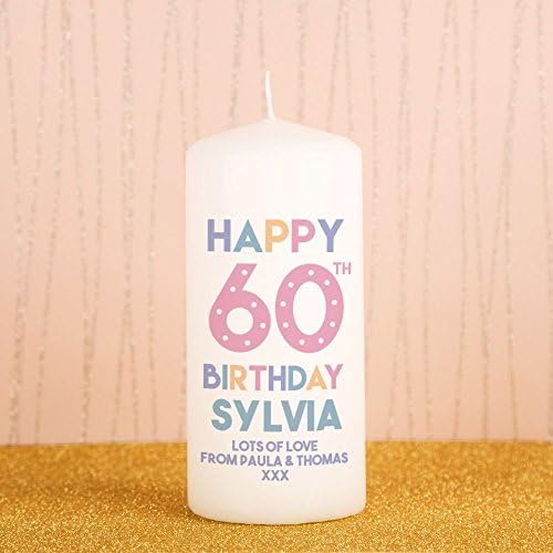60th Birthday Customised Block Pillar Candle, Landmark Sixtieth Present for Her