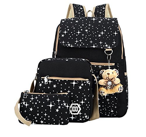 Preisvergleich Produktbild Lsv-8 Mädchen Segeltuch Schulrucksack Schultertasche Rucksack Reisetasche Geldbeutel Laptop-Rucksack + Messenger Bag + Purse 3pcs Schwarz