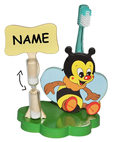 Preisvergleich Produktbild Zahnbürstenhalter / Zahnputzuhr - Biene incl. Name - mit Sanduhr + Zahnbürste - aus Holz - Badezimmer Bad Kinderzahnbürste / Mädchen Jungen - Tiere Honig Bienen - für Kinder / zum Zähneputzen für 1 Minute